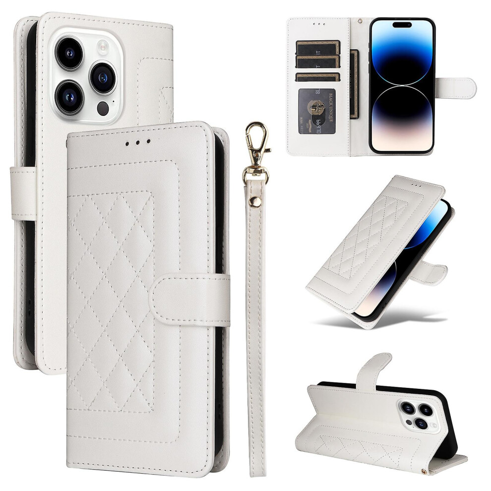 Compatible Iphone 14 Pro Diamond Lattice Leather Flip Phone Case: White 8023556359844