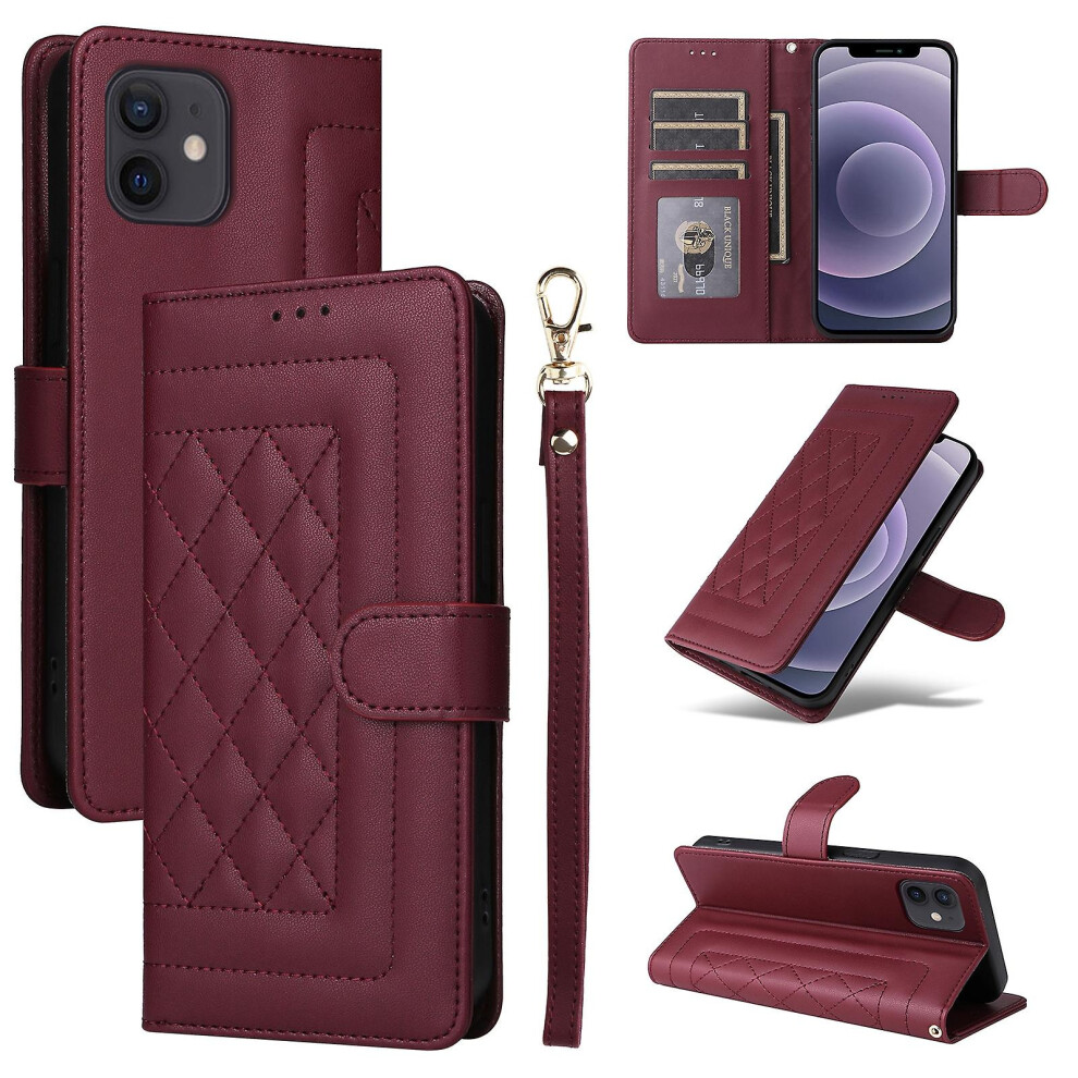 Compatible Iphone 12 / 12 Pro Diamond Lattice Leather Flip Phone Case:wine Red 8023556359783