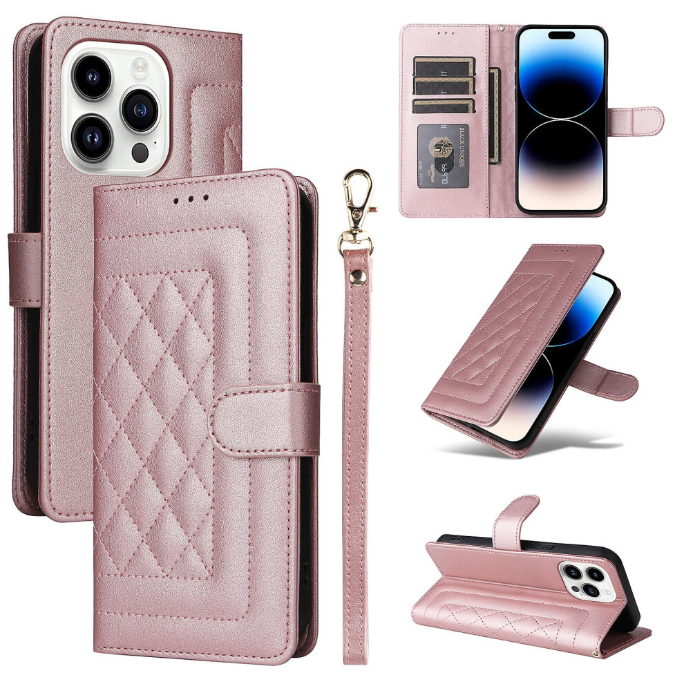 Compatible Iphone 14 Pro Diamond Lattice Leather Flip Phone Case:rose Gold 8023556359837