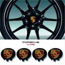 4 zwarte, gebogen Porsche wieldoppen van 76 mm met logo in de kleur van het wiel.