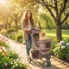 PawHut Pet Stroller Pushchair Carrier for Cat Puppy with 3 Wheels Coffee