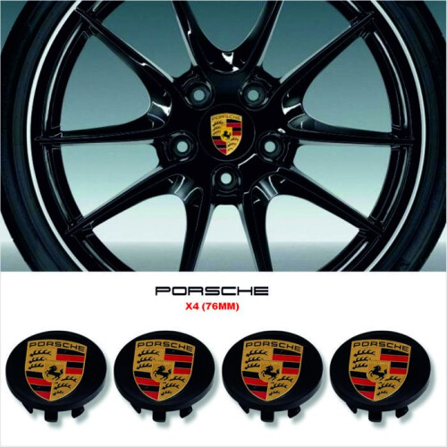 4 x Porsche μαύρα κυρτά κεντρικά καπάκια τροχών 76 χιλιοστών με χρώμα λογότυπου 1