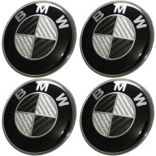4 piezas de tapas centrales para llantas BMW con logo de 68 mm, acabado en fibra de carbono, color negro y gris.