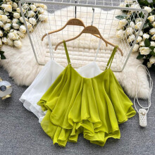 (Pink, One size fits all) Women's 2022 Summer Blouse: Loose Fitting Ruffle Off-Shoulder Double Layer Sleeveless Chiffon Tank Top