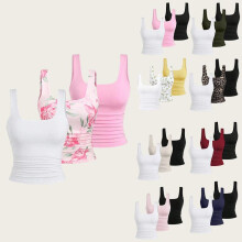 (4162, L) 2025 New Women's Summer Crop Top Square Neck Ruffle Leopard Print Solid Casual Vest 3-Pack