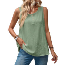 Womens U Neck Tank Tops Summer Sleeveless Loose Button-Green L