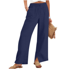 Linen Pants Women Beach Vacation Flowy Trousers-Navy Blue XXXL