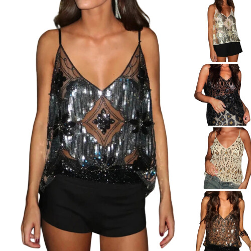 Sparkly Sequins Vest Sheer Mesh Beaded Spaghetti-black gold M 2