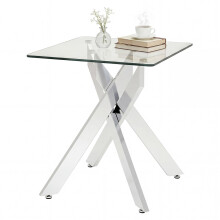 Mesa auxiliar cuadrada de vidrio con marco de metal, color plateado