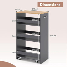 Carrito de cocina delgado de 4 niveles con ruedas y asa, gris