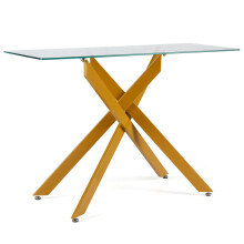Consola moderna de cristal con patas de metal dorado
