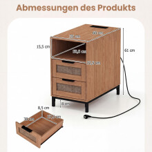 Nachttisch mit Ladestation und 2 Schubladen, Rattan und Holz
