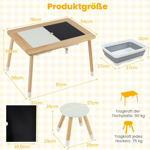 Sensorisches Kindertisch-Set mit 2 Hockern und doppelseitiger Tischplatte