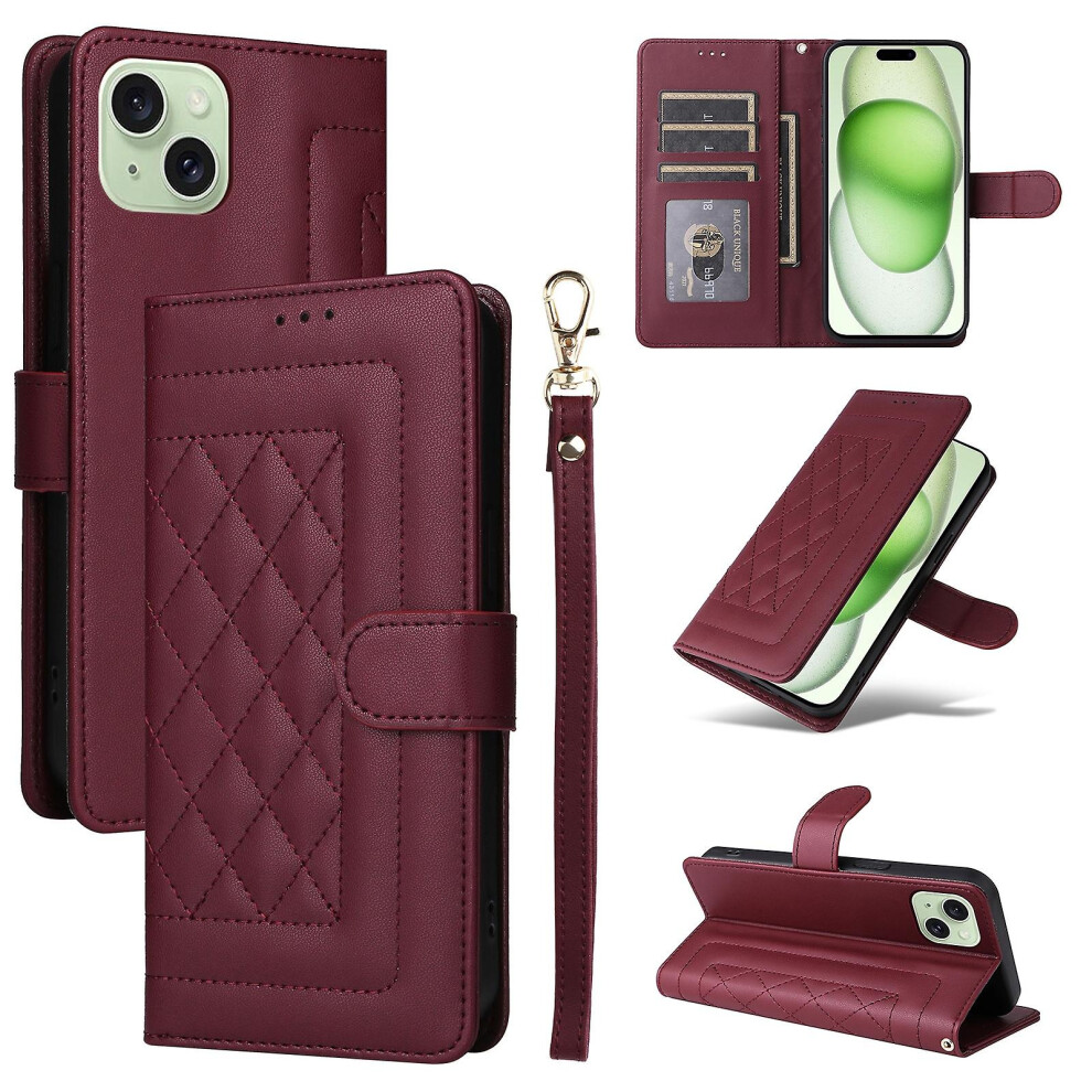 Compatible Iphone 15 Plus Diamond Lattice Leather Flip Phone Case:wine Red 3472323312059