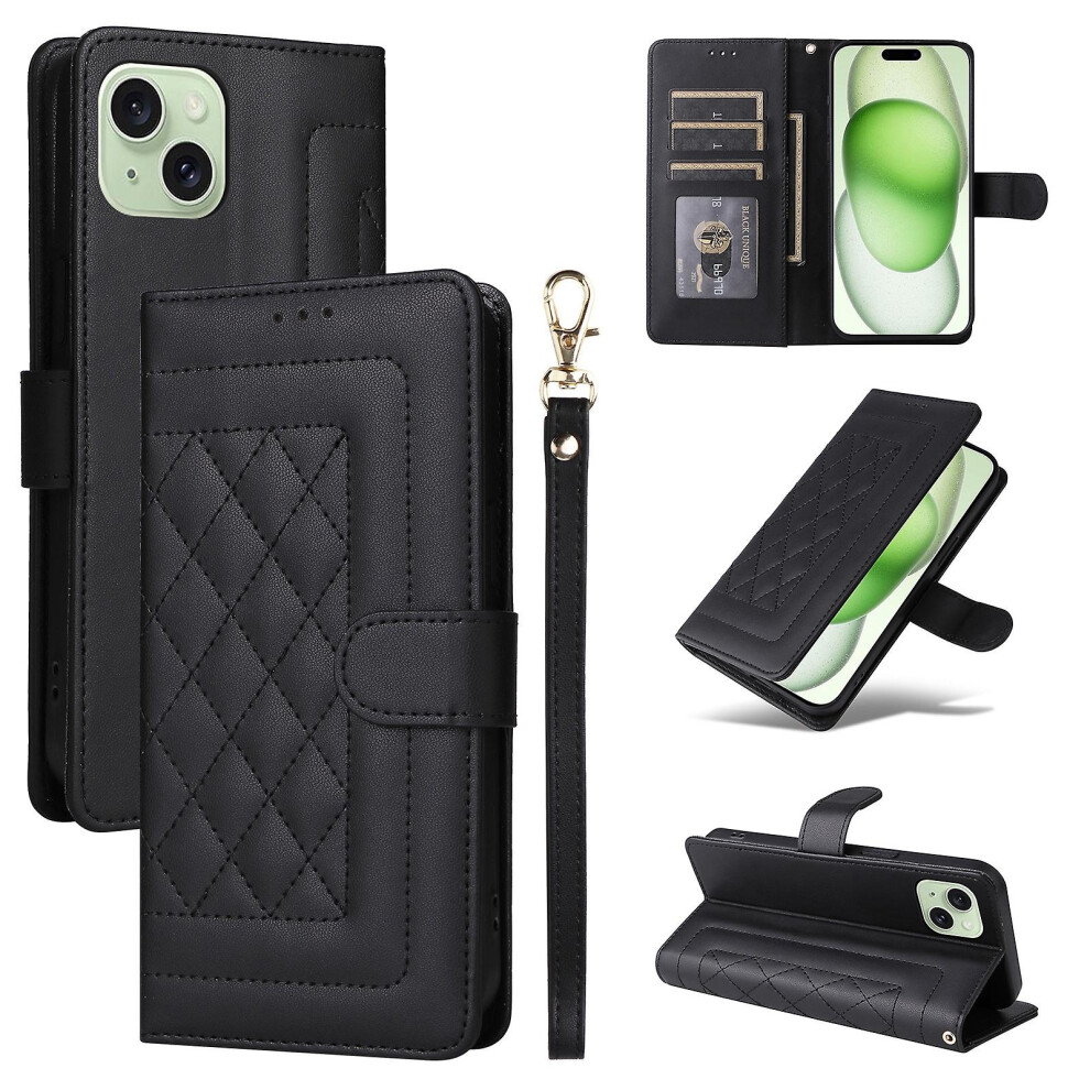 Compatible Iphone 15 Plus Diamond Lattice Leather Flip Phone Case: Black 4162318379592