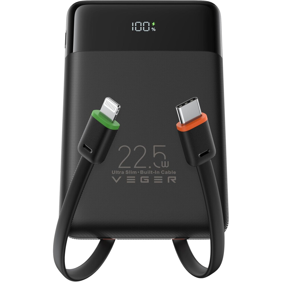 Veger Power Bank With Built-In Cables 10000Mah,Slim Portable Charger Usb C Battery Pack 5720316796460