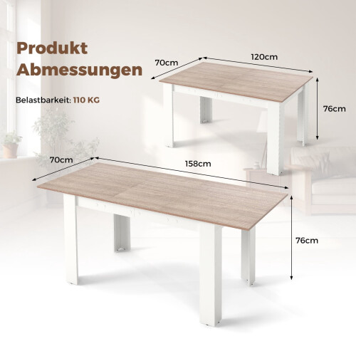 Mesa de comedor extensible, tablero ajustable, patas en forma de L, color blanco 2
