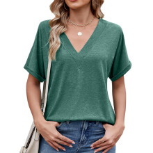 Women's Summer V-neck Loose T-shirt with Rolled Hem-Green XL