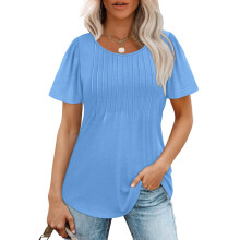 Womens T Shirts Short Sleeve Pleated Dressy-light blue XXL