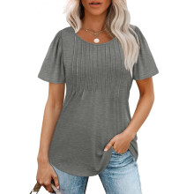 Womens T Shirts Short Sleeve Pleated Dressy Casual-Gray XL