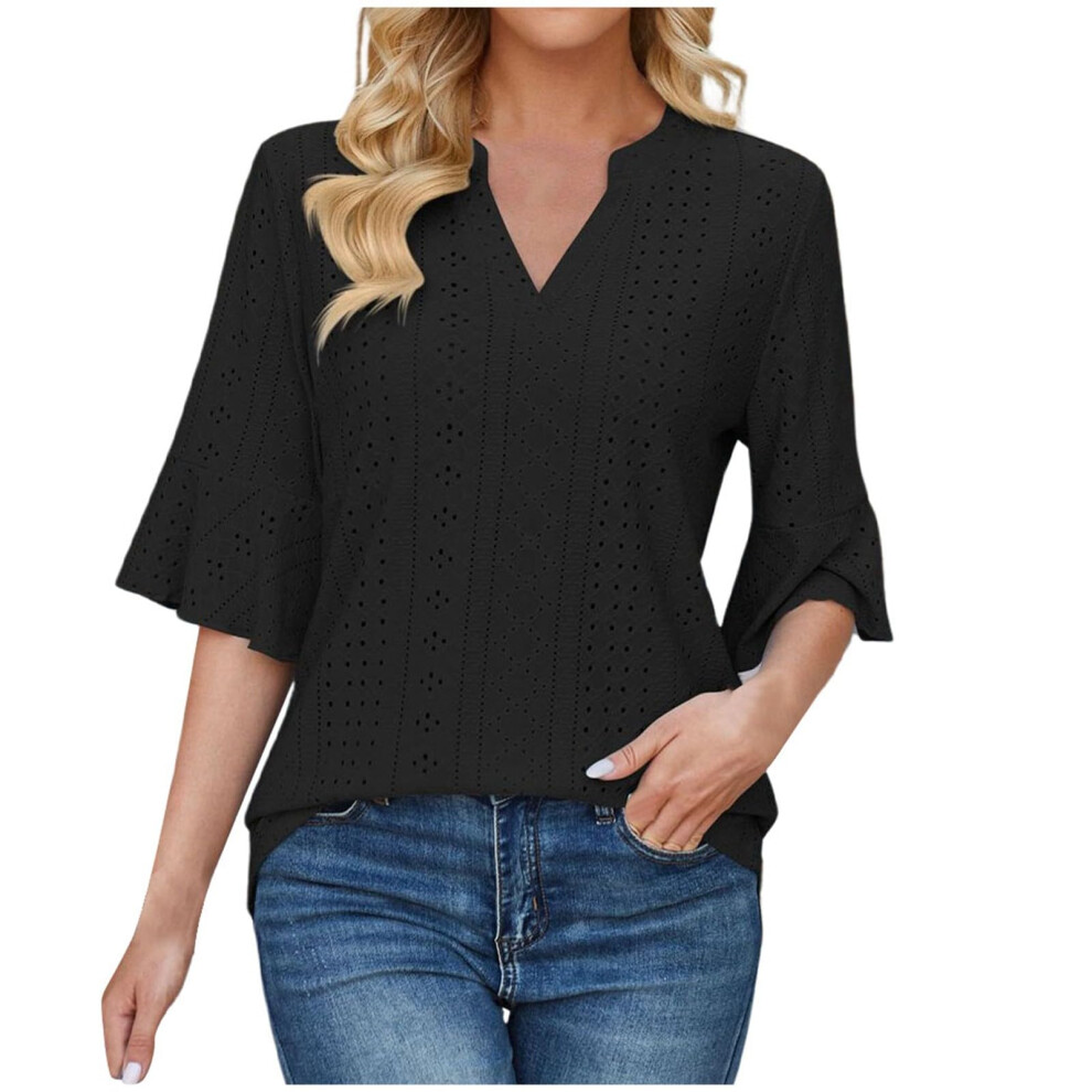 Black Womens Casual Blouses Shirts V Neck Trendy Business- L