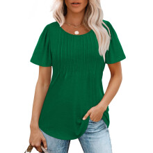 Womens T Shirts Short Sleeve Pleated Dressy-dark green XXXL