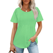 Womens T Shirts Short Sleeve Pleated Dressy-bright green XXXL
