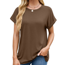 Women's Oversized Crew Neck Rolled Hem Short Sleeve-coffee S
