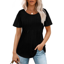 Womens T Shirts Short Sleeve Pleated Dressy Casual-Black L