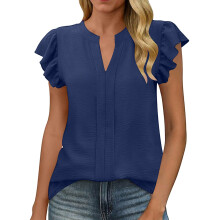 Womens Business Summer Tops Casual V Neck Ruffle-Navy Blue XL