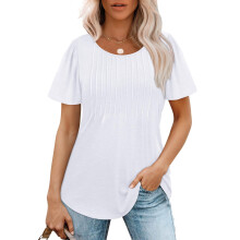 Womens T Shirts Short Sleeve Pleated Dressy Casual-White XXXL