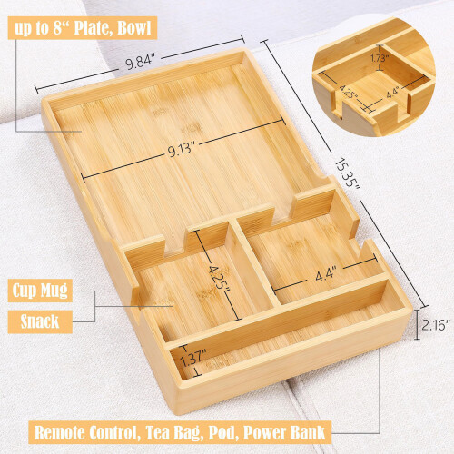 Wooden Tray for Sofa Storage with Divider Sections Ideal for 2