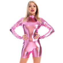 Contemporary Leather Jumpsuit Sleek Design Round Neck-Pink XXL