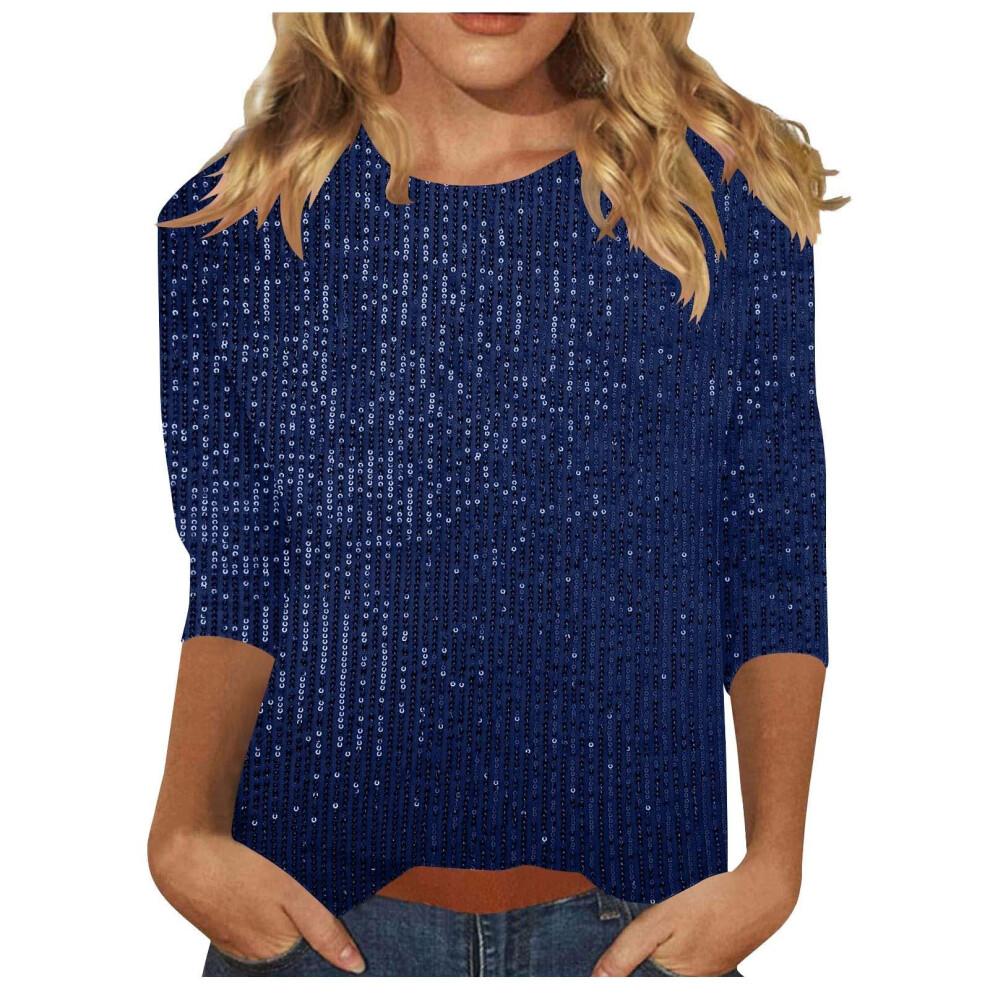 Tops Solid Color for Women Glitter Three-quarter-dark blue S