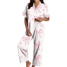 Women's Valentine's Day Pajama Set: Satin Heart Print-White L