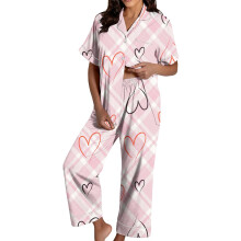 Women's Valentine's Day Pajama Set: Satin Heart Print-Red S