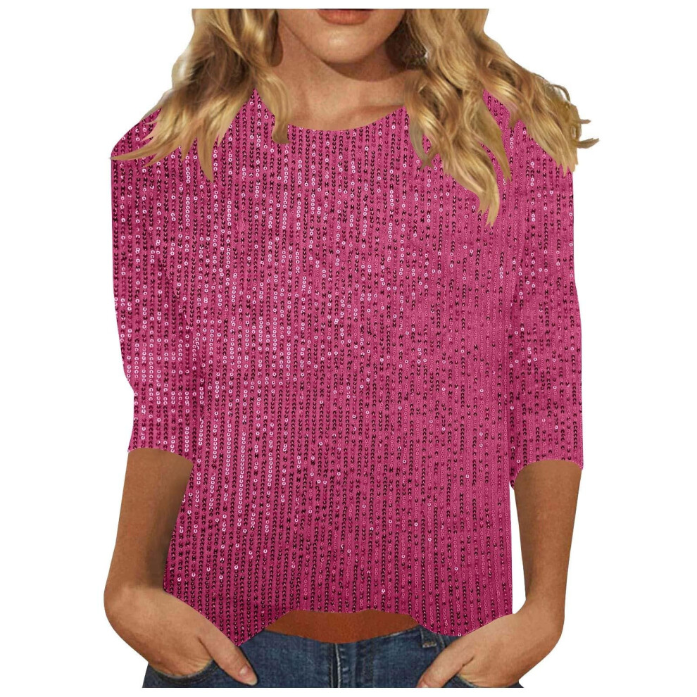 Tops Solid Color for Women Glitter Three-quarter-rose red XXL
