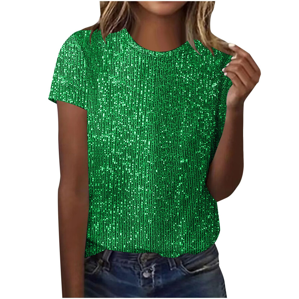 Women's Solid Color Sparkly Short Sleeve Blouse-light green XXL