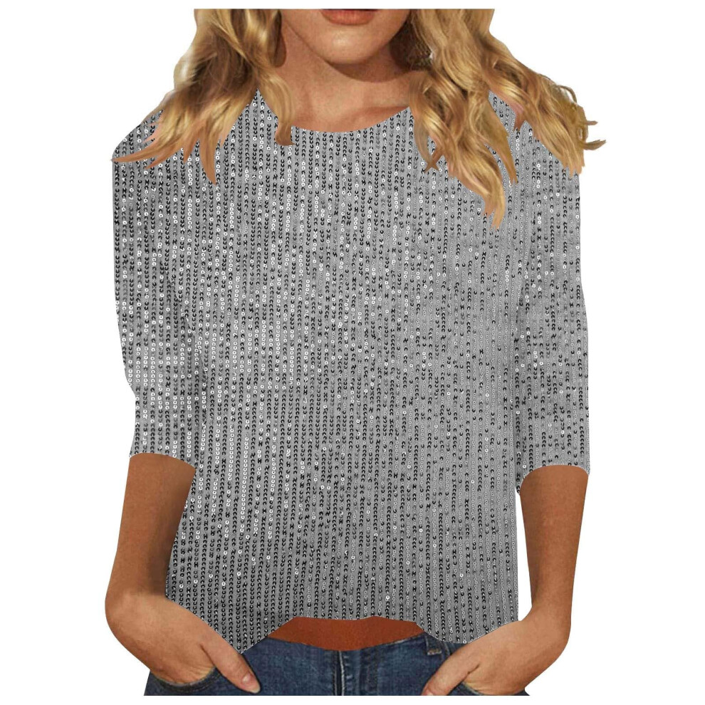 Tops Solid Color for Women Glitter Three-quarter Sleeve-Gray L