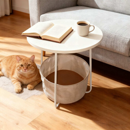 Table d'appoint ronde avec panier de rangement, structure en métal 1