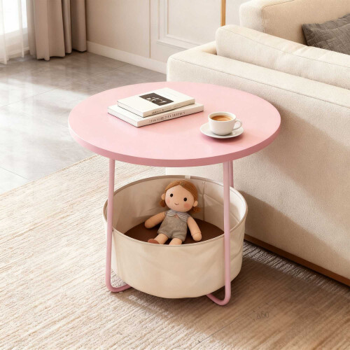 Table d'appoint ronde avec panier de rangement, structure en métal 1