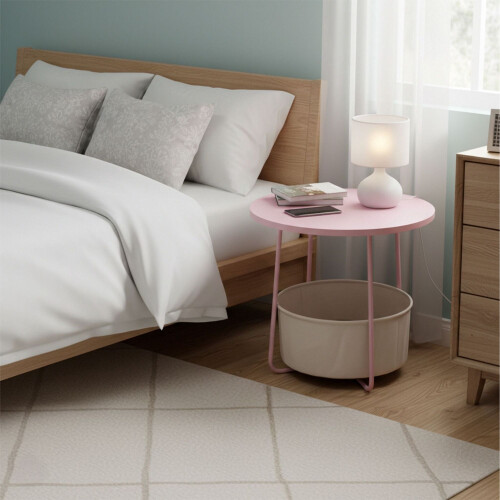 Table d'appoint ronde avec panier de rangement, structure en métal 2