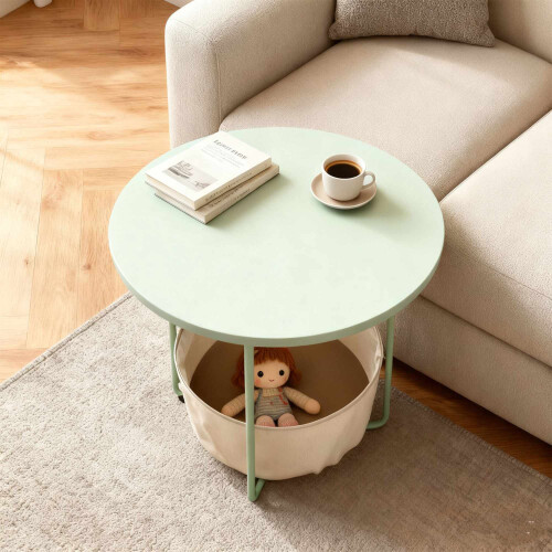 Table d'appoint ronde avec panier de rangement, structure en métal 1