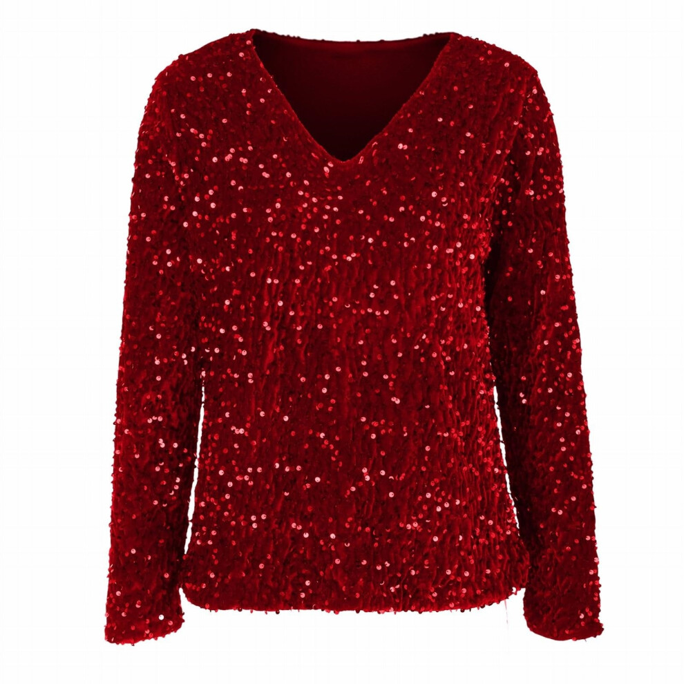 Red Women's Sequined Top, Sparkling And Elegant V-Neck- M