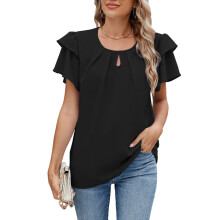 Womens  Casual Business Work Blouses Short Ruffle-Black M