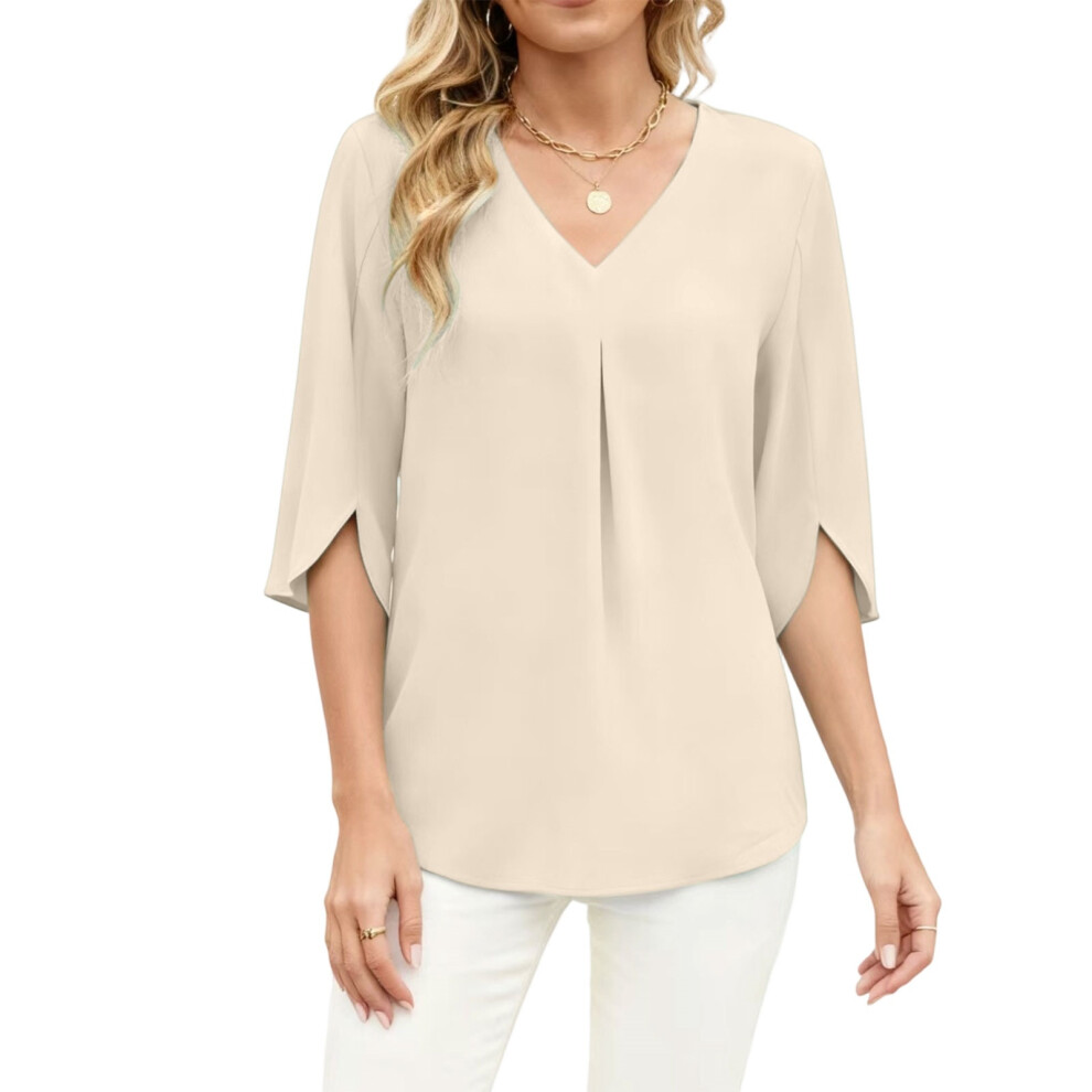 Summer women's chiffon blouse with V-neck, casual-apricot XL