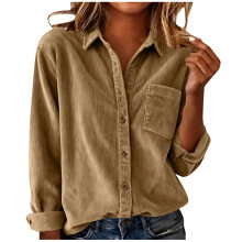 Women's Elegant Lapel Neck Shirt Long Sleeve Button-Khaki M