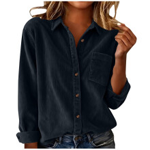 Women's Elegant Lapel Neck Shirt Long Sleeve Button-Navy Blue M