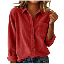 Women's Elegant Lapel Neck Shirt Long Sleeve Button Loose-Red L