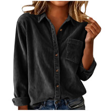 Women's Elegant Lapel Neck Shirt Long Sleeve Button-Black XXL